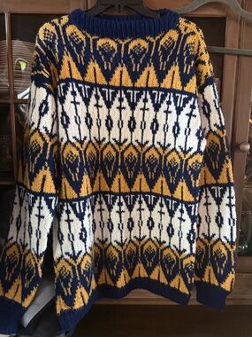 Cozy Geometric Knit Sweater in Navy, Mustard & White